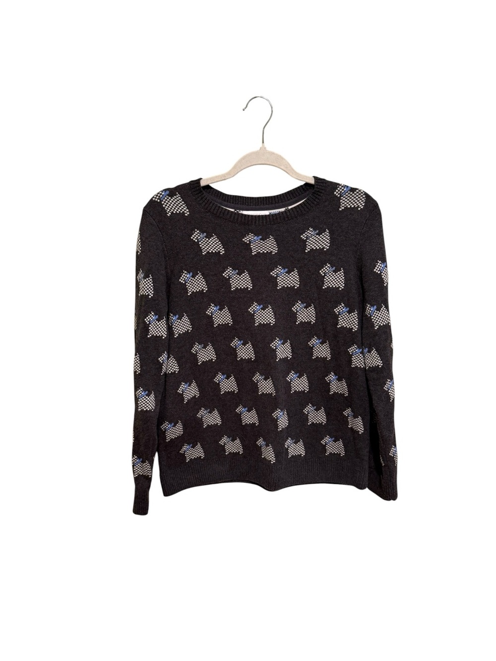 Charter Club Black Crewneck Sweater with Grey Scotty Dog Motif and Blue Accents